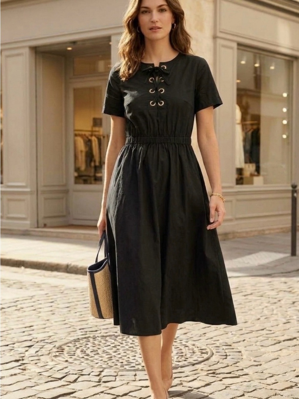 LOFT Black Short-Sleeve Lace-Up Midi Dress